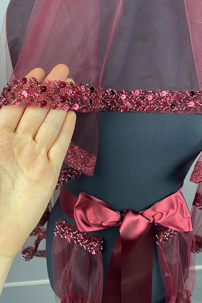 Hayalperest boncuk Burgundy Water Model Embroidered Bridal Henna Veil Face Cover