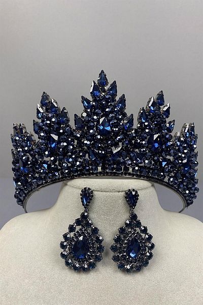 Hayalperest boncuk Set de cercei și coroană de mireasă cu mărgele de lotus bleumarin