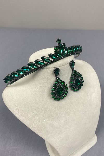 Hayalperest boncuk Green Ece Bridal Henna - Crown and Almond Shuttle Stone Earring Set