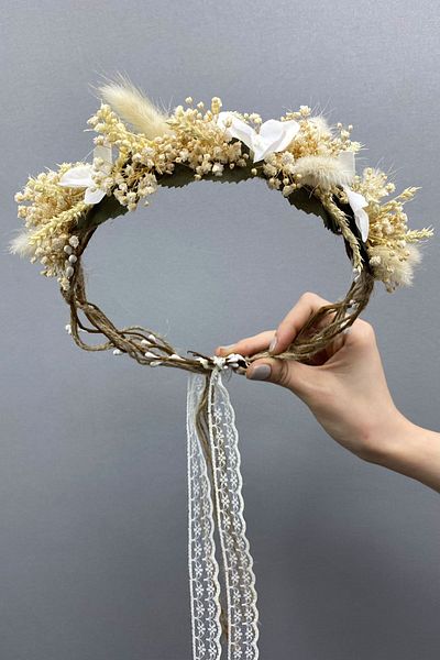 Hayalperest boncuk Coroană de mireasă cu design cu flori uscate și accesoriu de păr