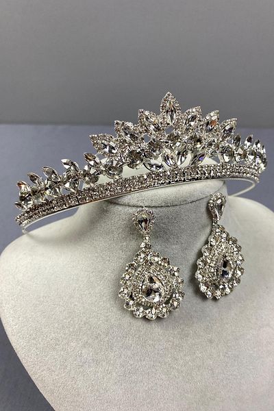 Hayalperest boncuk Set de coroană de mireasă Leyn din argint sterling și cercei cu piatră