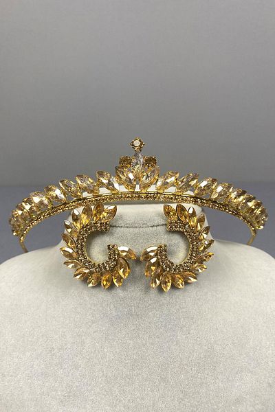 Hayalperest boncuk Σετ σκουλαρίκια με χρώμα μέλι Ece Bridal Henna Crown και στρογγυλή πέτρα