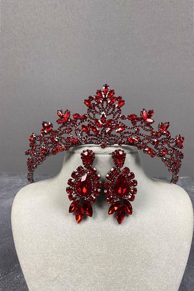 Hayalperest boncuk Red Melis Bridal Henna Crown and Shuttle Stone Earring Set