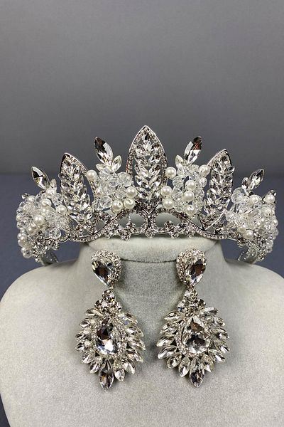 Hayalperest boncuk Bridal Henna Crown and Shuttle Earrings - Silver Jabbah Bead Embroidered