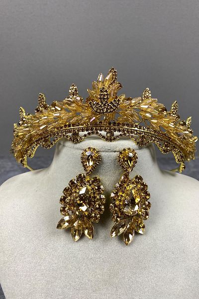 Hayalperest boncuk Set de cercei cu coroană și piatră de henna de mireasă cu cristale Lena de culoare miere