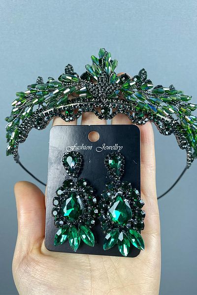 Hayalperest boncuk Set de cercei cu coroană și piatră de henna de mireasă cu cristal Lena verde