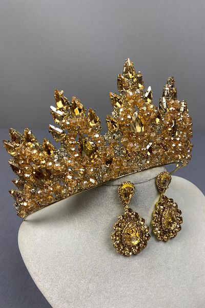 Hayalperest boncuk Lotus de culoare miere - Set de cercei de mireasa si navetă cu detaliu de mărgele