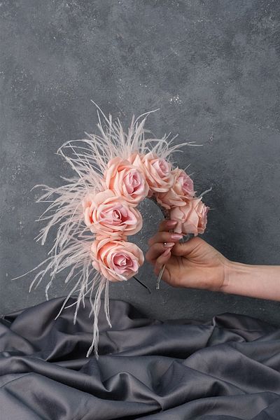 Hayalperest boncuk Velvet Rose Feather Design Bridal Henna Crown