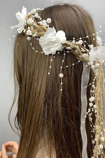 Hayalperest boncuk Coroana de mireasa si accesoriu de par cu design special cu perle si flori