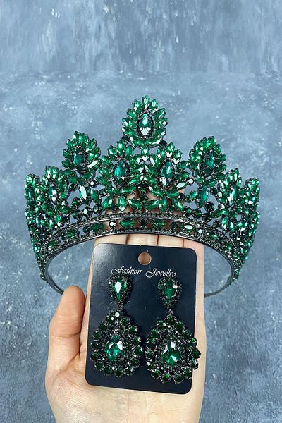 Hayalperest boncuk Coroană de henna de mireasă verde Godiva și cercei cu piatră picătură