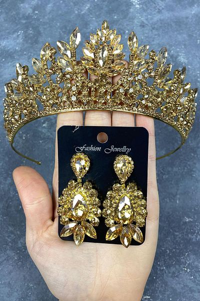 Hayalperest boncuk Set de cercei pentru rochie de seară și coroană de henna de mireasă Danver Stone de culoare miere
