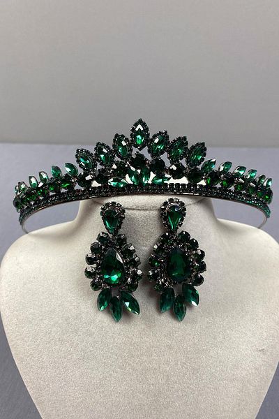 Hayalperest boncuk Set de cercei cu coroană de henna de mireasă Leyn verde și piatră de migdale