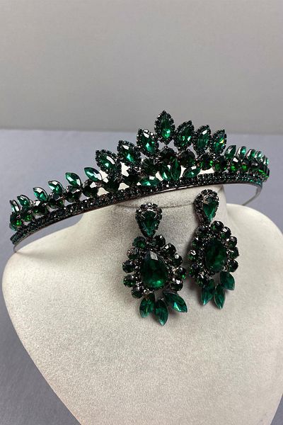 Hayalperest boncuk Set de cercei cu coroană de henna de mireasă Leyn verde și piatră de migdale
