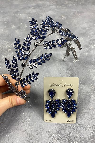Hayalperest boncuk Accesoriu de păr de mireasă cu ramuri de frunze Dilana bleumarin și cercei cu navetă