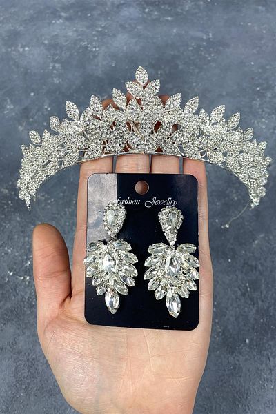 Hayalperest boncuk Set de coroană și cercei de mireasă Silver Sara Sık Stone