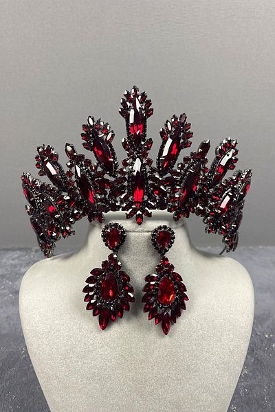 Hayalperest boncuk High Stoned Burgundy Dalia Bridal Crown and Shuttle Earring Set