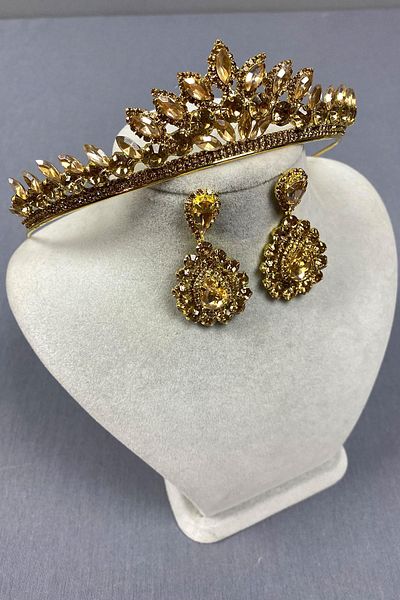 Hayalperest boncuk Σετ σκουλαρίκια με χρώμα μελιού Leyn Bridal Henna Crown και αμύγδαλο πέτρα