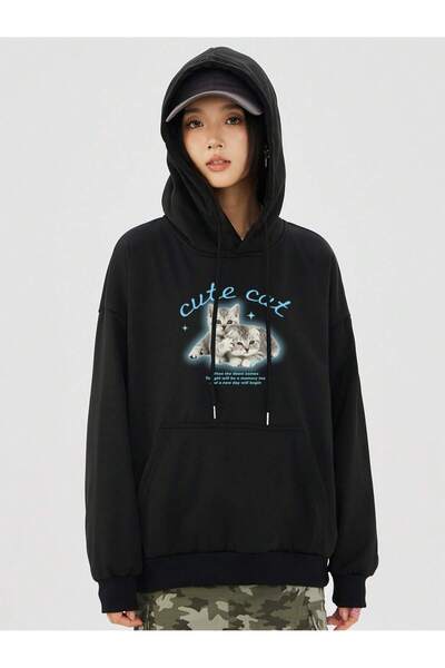 donamod Seria Coke Cat & Slogan Graphic Drop Shoulder Drawstring Hoodie