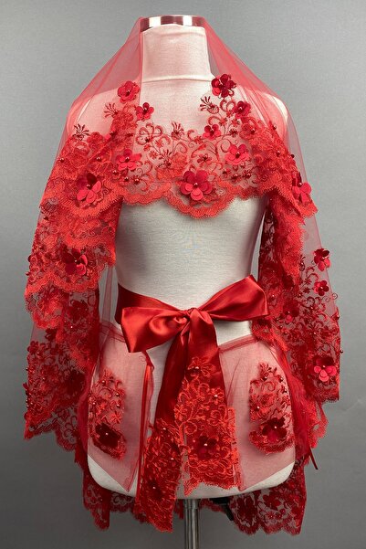 Limelia Kırmızı Aden Çiçekli Gelin Kına Duvağı Yüz Örtüsü