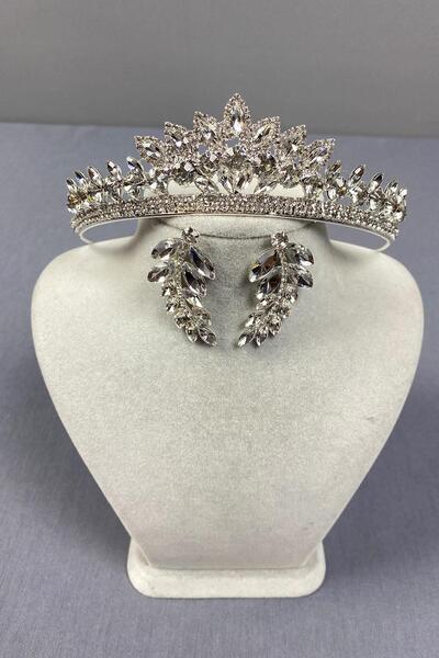 Hayalperest boncuk Silver Leyn Bridal Crown and Leaf Jewelled Earring Set