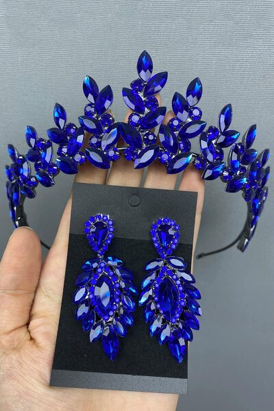 Hayalperest boncuk albastru cobalt Tiara și cercei cu henna pentru mireasă Su...
