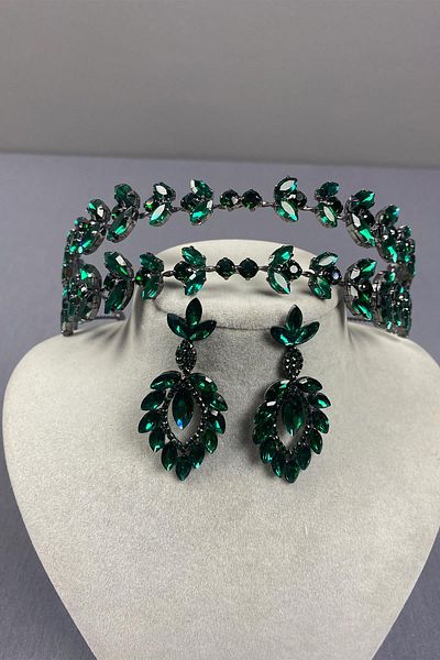 Hayalperest boncuk Alpha Model Double Row Bridal Henna Crown and Leaf Earrings