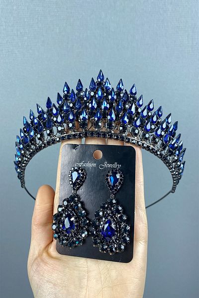 Hayalperest boncuk Navy Blue Drop 3D Bridal Henna Crown and Drop Earring Set