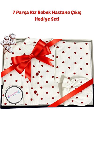 ESRARENGİZ HEDİYELER Kız Bebek, Küçük Kalp Baskılı, 7 Parça Hastane Çıkış Zıb...