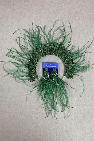 Hayalperest boncuk Green Sirius - Set de cercei și henna cu pene de mireasă cu mărgele de cristal