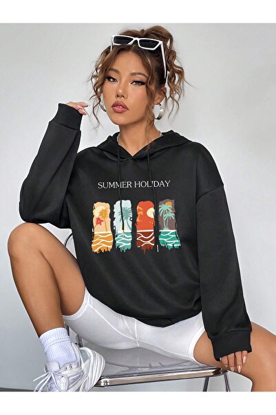 donamod Seria Coke Letter Graphic Drop Shoulder Drawstring Hoodie