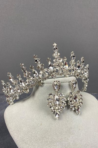 Hayalperest boncuk Silver Cooker Bridal Crown and Shuttle Earring Set
