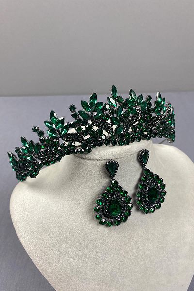 Hayalperest boncuk Green Belur Bridal Henna Crown and Drop Jewelled Earring Set