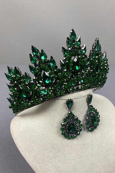 Hayalperest boncuk Emerald Green Lotus Bead Embroidered Bridal Henna Crown and Drop Shuttle Earring Set
