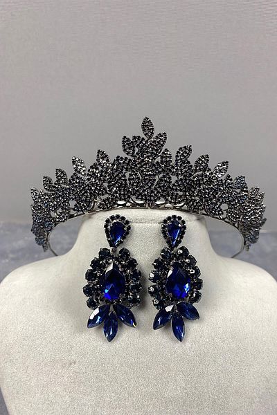 Hayalperest boncuk Sara Navy Blue Stone Bridal Henna - Tiara și cercei