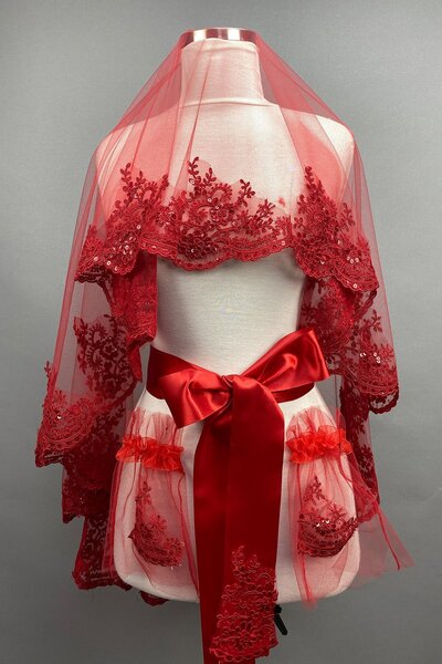 Hayalperest boncuk Voal de mireasă cu paiete roșii Alis, voal pentru față Henna