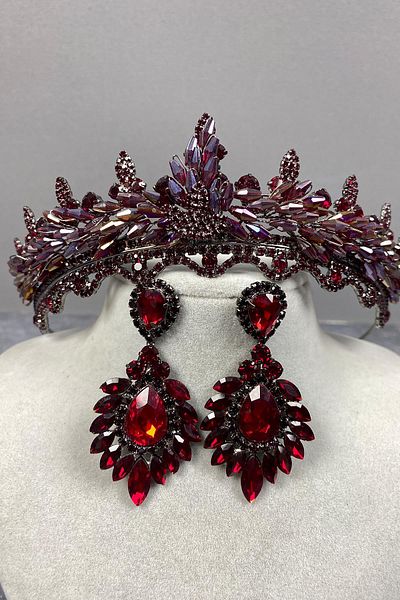 Hayalperest boncuk Set de coroană și cercei cu piatră de mireasă Lena Crystal Burgundy colorat