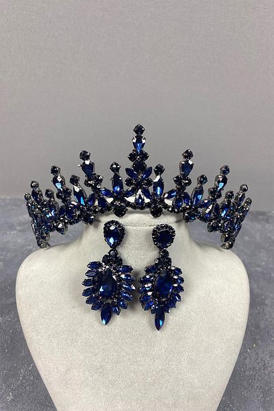 Hayalperest boncuk Navy Blue Cooker Bridal Henna Crown and Shuttle Stone Evening Dress Earrings