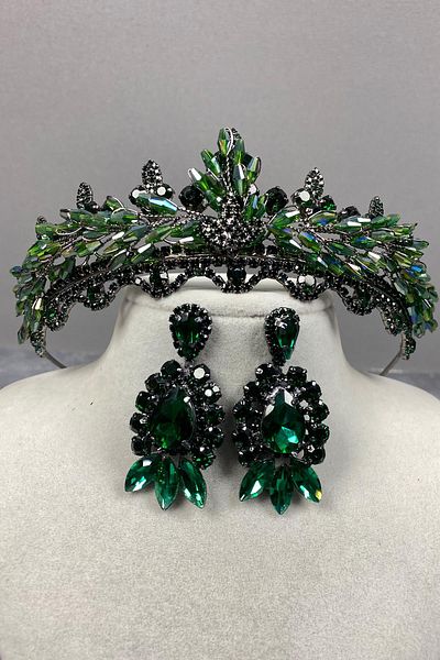 Hayalperest boncuk Set de cercei cu coroană și piatră de henna de mireasă cu cristal Lena verde