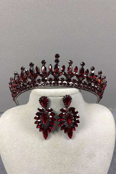 Hayalperest boncuk طقم تاج حناء للزفاف من بيدرو ستون باللون العنابي مع أقراط