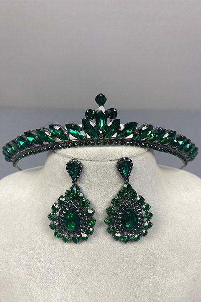 Hayalperest boncuk Green Ece Bridal Henna - Crown and Almond Shuttle Stone Earring Set