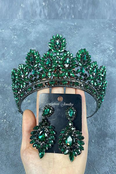 Hayalperest boncuk Green Godiva High Bridal Henna Crown and Shuttle Evening Dress Earrings