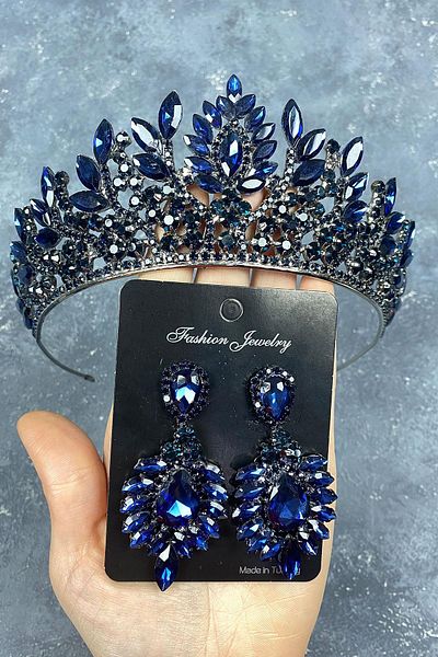 Hayalperest boncuk Navy Blue Danver Stoned Bridal Henna Crown and Earring Set