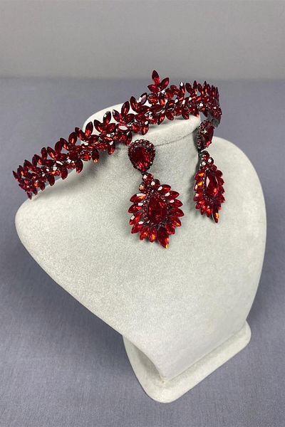 Hayalperest boncuk Red Thin Elegant Vera Bridal Henna - Crown and Drop Detailed Earrings