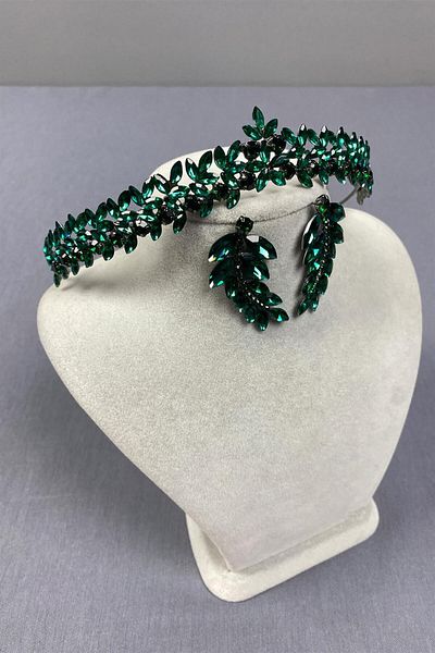 Hayalperest boncuk Green Thin Elegant Vera Bridal Henna Crown And Leaf Earrings