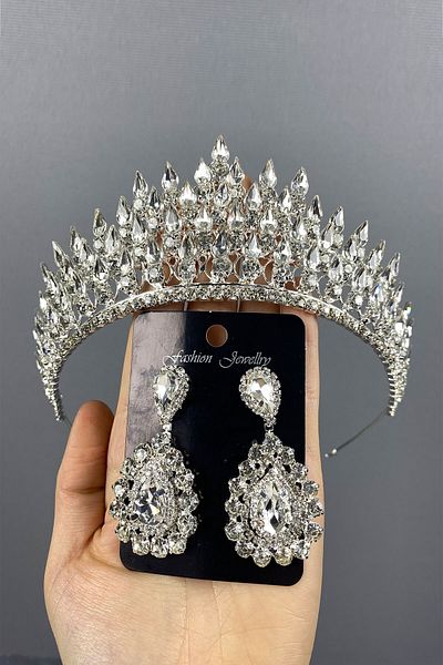 Hayalperest boncuk Set de cercei cu coroană de mireasă 3D și pietre prețioase Silver Drop