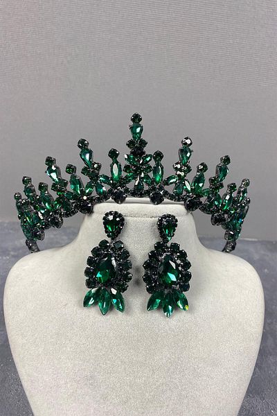 Hayalperest boncuk Coroană de mireasă cu henna și cercei cu navetă verde