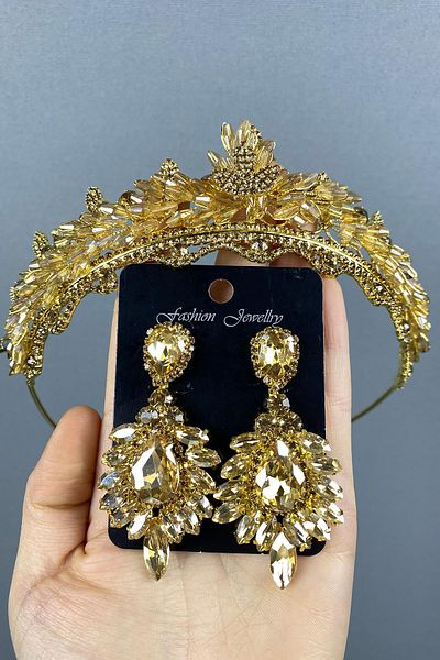 Hayalperest boncuk Set de coroană și cercei cu pietre prețioase de mireasă Lena Crystal