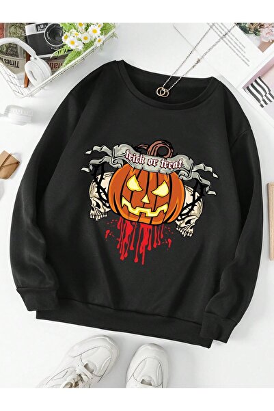 donamod Hanorac cu căptușeală termică cu imprimeu cu dovleac de Halloween din...