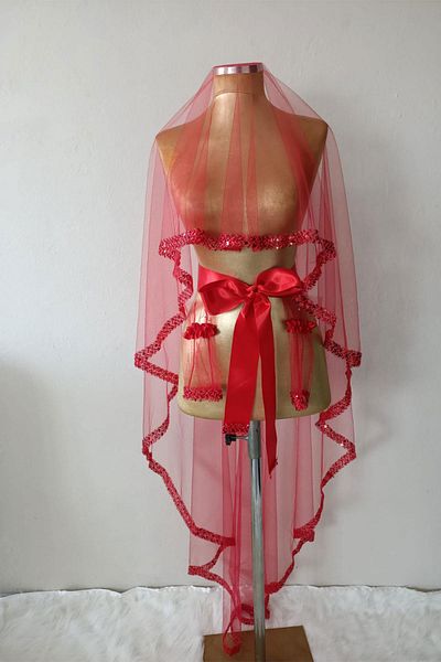 Hayalperest boncuk 2 Mt Red Water Model Embroidered Bridal Henna Veil Face Cover