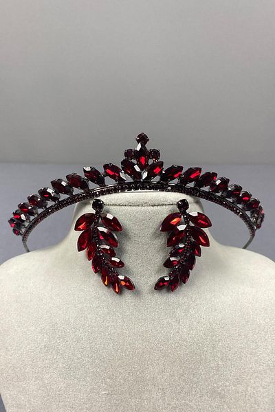Hayalperest boncuk Set de cercei și coroană de henna de mireasă Ece Burgundy cu piatră de frunze
